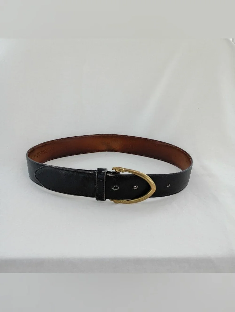 VTG COACH Belt Men's M Black French Calfskin Suede Lining Brass Buckle USA #3906